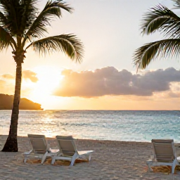 Caribbean Holidays, April Solo Holidays, A peaceful Caribbean beach on Saint Martin at sunset in April, empty sun loungers, calm turquoise water, palm trees and warm golden light