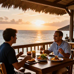 Caribbean Holidays, April Solo Holidays, A solo traveller dining at a relaxed open-air Caribbean restaurant at sunset, with local food and a view of the sea