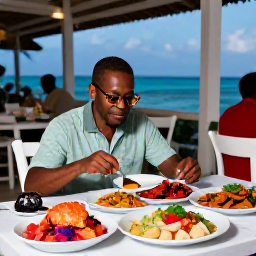 Caribbean Holidays, April Solo Holidays, A solo traveller dining at an outdoor Caribbean restaurant in Tobago, with fresh seafood, colourful local dishes and a relaxed evening atmosphere