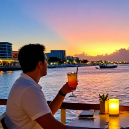 Caribbean Holidays, April Solo Holidays, A solo traveller enjoying sunset drinks at a waterfront restaurant in Philipsburg, Sint Maarten, colourful evening sky, harbour lights and Caribbean atmosphere