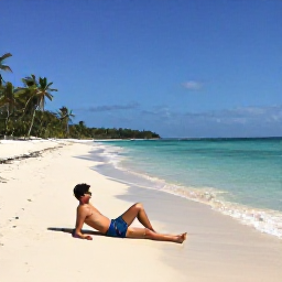 Caribbean Holidays, April Solo Holidays, A solo traveller relaxing on a bright sandy beach in Tobago, with calm turquoise water, palm trees and a clear April sky