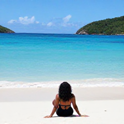 Caribbean Holidays, April Solo Holidays, A solo traveller relaxing on a quiet sandy beach in the British Virgin Islands in April, clear turquoise water and green hills beyond