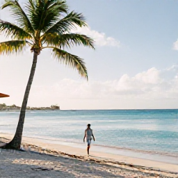 Caribbean Holidays, April Solo Holidays, A solo traveller walking along a bright Caribbean beach on Saint Martin in April, calm turquoise sea, soft morning sunlight, palm trees and a relaxed holiday atmosphere