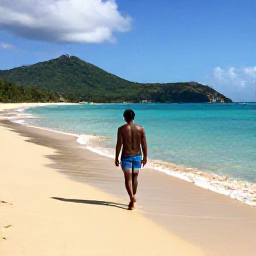 Caribbean Holidays, April Solo Holidays, A solo traveller walking along a quiet golden beach on Saint Kitts with turquoise sea and green hills in the background