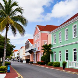 Caribbean Holidays, April Solo Holidays, Colourful waterfront street in Charlotte Amalie, St Thomas, with historic buildings, palm trees and a solo visitor exploring