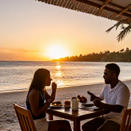 Caribbean Holidays, April Solo Holidays, Friendly Saint Lucia beachfront restaurant at sunset with a solo diner enjoying local Caribbean food