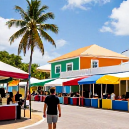 Caribbean Holidays, April Solo Holidays, Friendly solo traveller exploring a colourful Caribbean town, local market, tropical architecture and palm trees, bright daytime photography