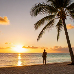 Caribbean Holidays, April Solo Holidays, Peaceful Caribbean beach at golden hour with a solo traveller watching the sunset, palm trees and calm turquoise sea, high-quality travel photograph