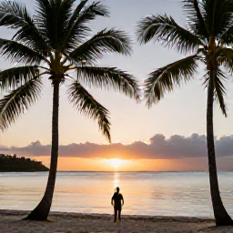 Caribbean Holidays, April Solo Holidays, Peaceful Saint Kitts coastline at sunset with palm trees, calm sea and a solo traveller enjoying the view