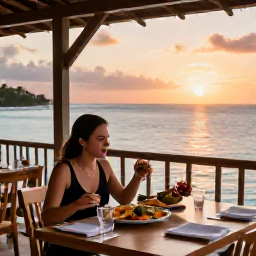 Caribbean Holidays, April Solo Holidays, Relaxed solo diner enjoying fresh Caribbean food at an open-air restaurant overlooking the sea at sunset