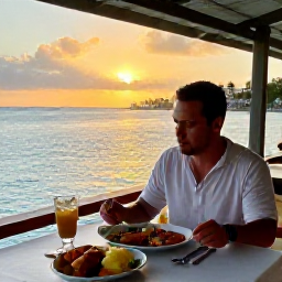 Caribbean Holidays, April Solo Holidays, Solo traveller enjoying dinner at a relaxed Caribbean waterfront restaurant at sunset, local food and friendly atmosphere, realistic photography