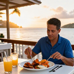 Caribbean Holidays, April Solo Holidays, Solo traveller enjoying fresh Caribbean seafood at a relaxed waterfront restaurant in the United States Virgin Islands at sunset