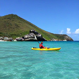 Caribbean Holidays, April Solo Holidays, Solo traveller kayaking through clear Caribbean water near Saint Martin, with green hills, rocky coastline and bright April sunshine
