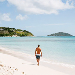 Caribbean Holidays, April Solo Holidays, Solo traveller strolling along a sunny white-sand beach on St Thomas, United States Virgin Islands, calm turquoise sea and gentle April light