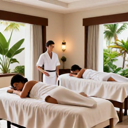 Caribbean Holidays, April Spa Breaks, A couple enjoying a peaceful spa treatment in an elegant Caribbean resort, with soft natural light, tropical plants and neutral decor