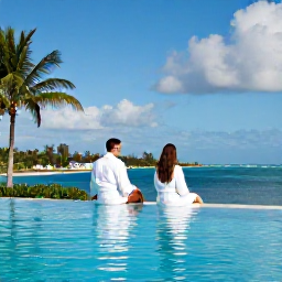 Caribbean Holidays, April Spa Breaks, A couple in white robes relaxing beside an infinity pool overlooking Nassau harbour, with palm trees and a bright blue sky