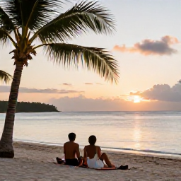 Caribbean Holidays, April Spa Breaks, A couple relaxing on a quiet Caribbean beach at sunset in April, with soft golden light, calm water and palm trees