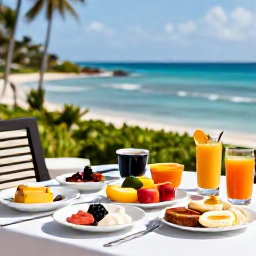 Caribbean Holidays, April Spa Breaks, A healthy Caribbean breakfast on a resort terrace, featuring fresh tropical fruit, juice and a view of the sea