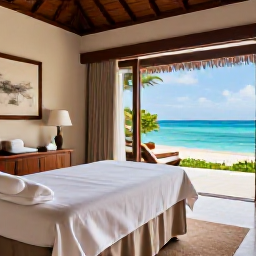 Caribbean Holidays, April Spa Breaks, A peaceful spa treatment room overlooking the Caribbean Sea, with natural wood, white linens and soft tropical light
