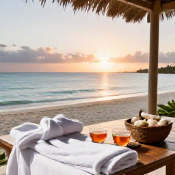 Caribbean Holidays, April Spa Breaks, A serene Bahamian beach at sunset with two spa robes, herbal tea and a treatment basket on a shaded terrace
