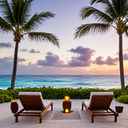 Caribbean Holidays, April Spa Breaks, A serene outdoor spa terrace overlooking the Caribbean Sea at sunset, with loungers, candles, palms and a peaceful island atmosphere