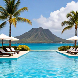 Caribbean Holidays, April Spa Breaks, A stylish Caribbean resort spa pool surrounded by palms, with comfortable loungers and a view towards volcanic hills on Saint Kitts
