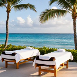 Caribbean Holidays, April Spa Breaks, A tranquil luxury spa overlooking a turquoise Bahamian sea, with treatment beds, palm trees and soft April sunshine