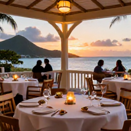 Caribbean Holidays, April Spa Breaks, An elegant Caribbean restaurant terrace at sunset in the United States Virgin Islands, with island dishes, candles and sea views