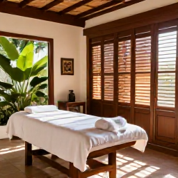 Caribbean Holidays, April Spa Breaks, An elegant Caribbean spa treatment room with natural wood, white towels, tropical plants and sunlight filtering through shutters