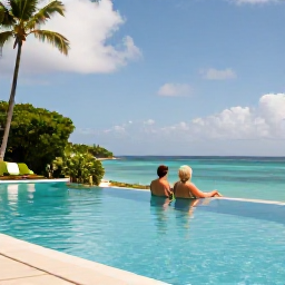 Caribbean Holidays, April Spa Breaks, Couple relaxing beside an infinity pool overlooking the Caribbean Sea in Antigua, with a peaceful tropical setting