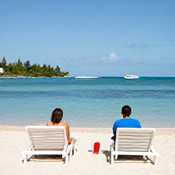 Caribbean Holidays, April Spa Breaks, Couple relaxing on a quiet Caribbean beach in Saint Martin during April, with sun loungers, calm blue water and a tropical shoreline