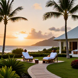 Caribbean Holidays, April Spa Breaks, Elegant Caribbean resort at sunset in Antigua, with a tranquil spa garden, palm trees and warm evening light