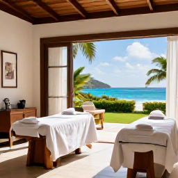 Caribbean Holidays, April Spa Breaks, Elegant spa treatment room with natural light, tropical greenery and views towards the sea in Saint Barth&eacute;lemy