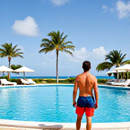 Caribbean Holidays, April Spa Breaks, Happy traveller beside a Caribbean resort pool in Saint Martin and Sint Maarten, with palm trees, blue sky and a peaceful holiday atmosphere