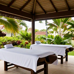 Caribbean Holidays, April Spa Breaks, Open-air Caribbean spa pavilion surrounded by tropical gardens, with treatment beds and soft natural light
