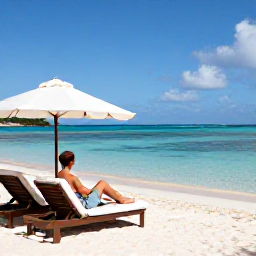 Caribbean Holidays, April Spa Breaks, Quiet white-sand beach with sun loungers, calm blue water and a spa guest relaxing on Saint Barth&eacute;lemy