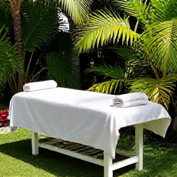 Caribbean Holidays, April Spa Breaks, Spa treatment beside a tropical garden in Saint Martin, with a massage table, lush greenery, soft towels and warm April sunlight