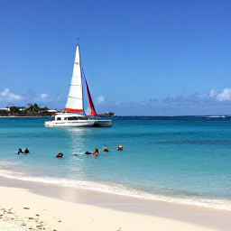 Caribbean Holidays, April Tours, Catamaran sailing beside a quiet Caribbean beach near Saint Martin, with snorkellers in clear blue water