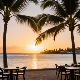 Caribbean Holidays, April Tours, Golden sunset over a Caribbean bay on Saint Martin, with outdoor tables, palm trees and calm water