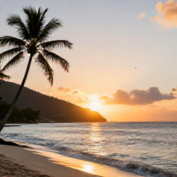 Caribbean Holidays, April Tours, Relaxed sunset over a Caribbean beach with gentle waves and palm trees in the United States Virgin Islands