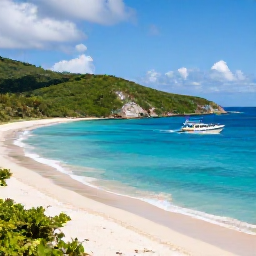 Caribbean Holidays, April Tours, Small sightseeing boat passing a secluded beach and colourful coastline near St Thomas in the United States Virgin Islands