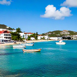 Caribbean Holidays, April Tours, Sunny Caribbean harbour in April with colourful boats, clear turquoise water and hillside buildings on Saint Martin