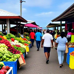 Caribbean Holidays, April Tours, Visitors walking through a colourful Caribbean market in Marigot, with fresh produce, spices and waterfront caf&eacute;s