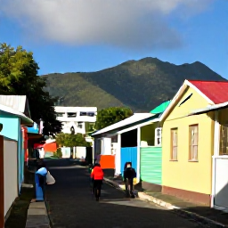 Caribbean Holidays, April Walking Holidays, A friendly Caribbean village street in Saint Vincent with colourful houses, local people and walkers in April sunshine