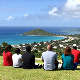 Caribbean Holidays, April Walking Holidays, A friendly Caribbean walking group resting at a scenic viewpoint on Saint Kitts, overlooking the coast and surrounding islands