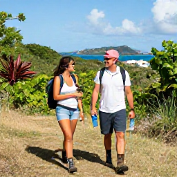 Caribbean Holidays, April Walking Holidays, A friendly couple preparing for a tropical hike near Cruz Bay, St John, with walking boots, water bottles and a sunny Caribbean backdrop