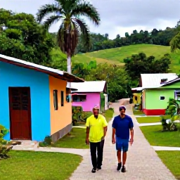 Caribbean Holidays, April Walking Holidays, A friendly local guide showing walkers a route beside a Dominican village, with colourful houses, tropical vegetation and countryside beyond