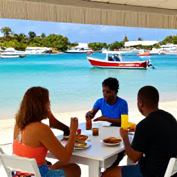 Caribbean Holidays, April Walking Holidays, A friendly outdoor caf&eacute; in Gustavia, Saint Barth&eacute;lemy, with walkers enjoying lunch near colourful boats and a Caribbean harbour