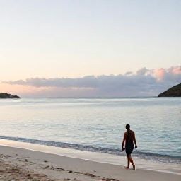 Caribbean Holidays, April Walking Holidays, A peaceful beach walking scene at dawn on Sint Maarten, with soft light, calm water and a sandy shoreline