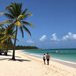 Caribbean Holidays, April Walking Holidays, A quiet Caribbean beach on Bequia with walkers, palm trees, turquoise water and traditional island boats